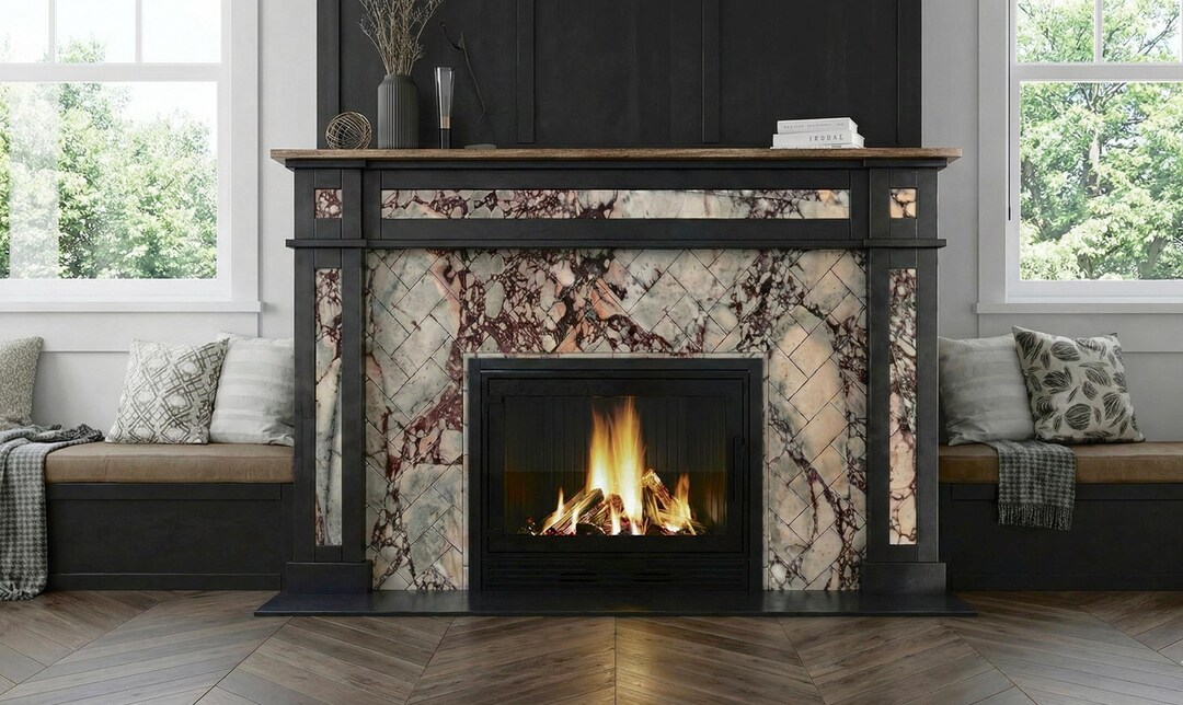 Custom Calacatta Viola Marble Fireplace Surround - Herringbone Tile ...