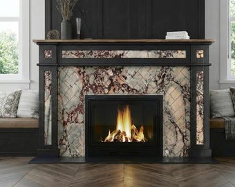 Custom Calacatta Viola Marble Fireplace Surround - Herringbone Tile, Modern Stone Cladding