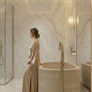 Bañera de travertino beige, bañera de piedra natural maciza, bañera independiente ovalada, pieza central de spa de lujo pulido, bañera de piedra personalizada imagen 5