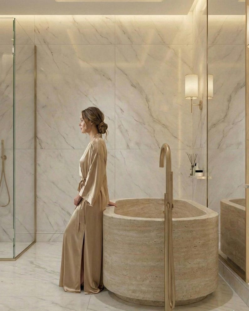 Bañera de travertino beige, bañera de piedra natural maciza, bañera independiente ovalada, pieza central de spa de lujo pulido, bañera de piedra personalizada imagen 5