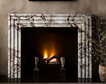 Art Deco Calacatta Viola Marble Fireplace Mantel - Custom Stepped Stone Surround