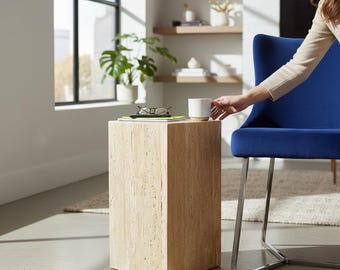 Travertine Side Table, End Table, Stone Plinth Pedestal, Minimalist Marble  Nightstand,