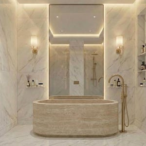 Puede incluir: Un lujoso ba&ntilde;o con paredes y suelo de m&aacute;rmol. Una gran ba&ntilde;era ovalada de piedra es el punto focal, complementada con accesorios dorados y un gran espejo. La habitaci&oacute;n est&aacute; iluminada por una suave iluminaci&oacute;n, creando un ambiente de spa.