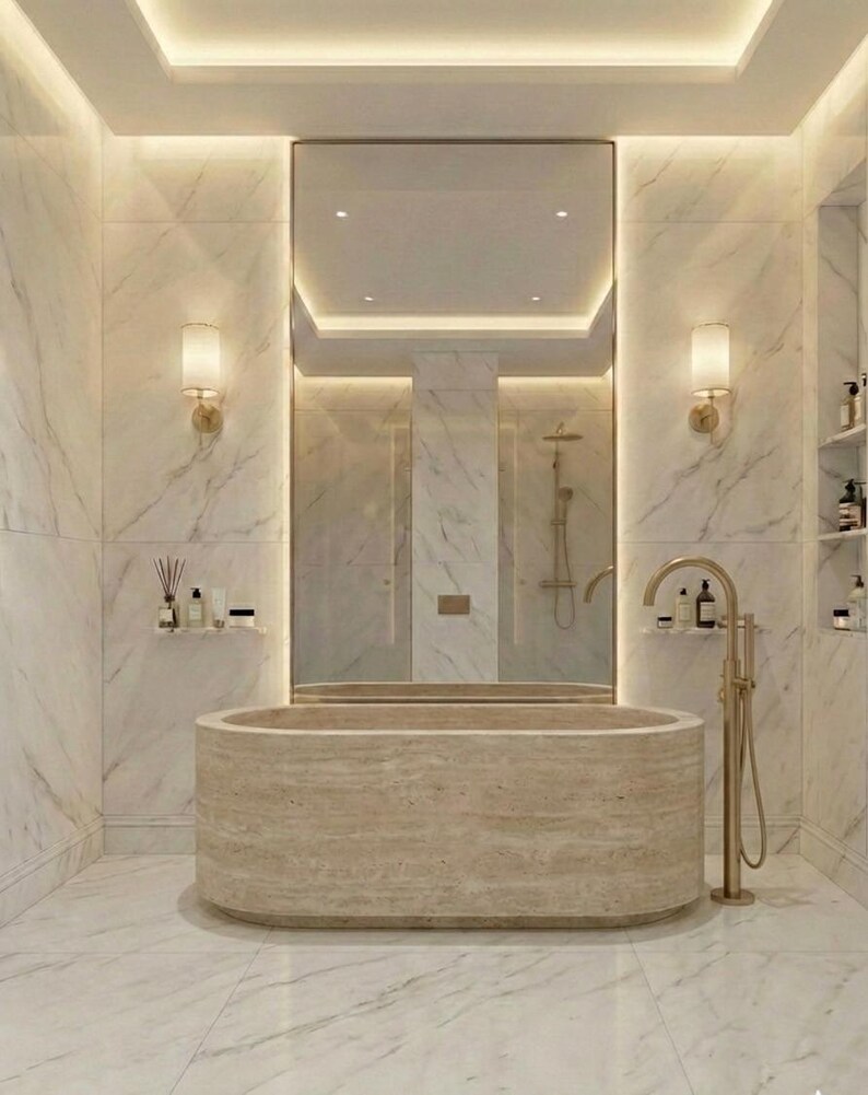 Puede incluir: Un lujoso ba&ntilde;o con paredes y suelo de m&aacute;rmol. Una gran ba&ntilde;era ovalada de piedra es el punto focal, complementada con accesorios dorados y un gran espejo. La habitaci&oacute;n est&aacute; iluminada por una suave iluminaci&oacute;n, creando un ambiente de spa.