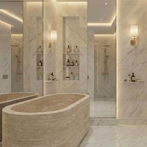 Bañera de travertino beige, bañera de piedra natural maciza, bañera independiente ovalada, pieza central de spa de lujo pulido, bañera de piedra personalizada imagen 4