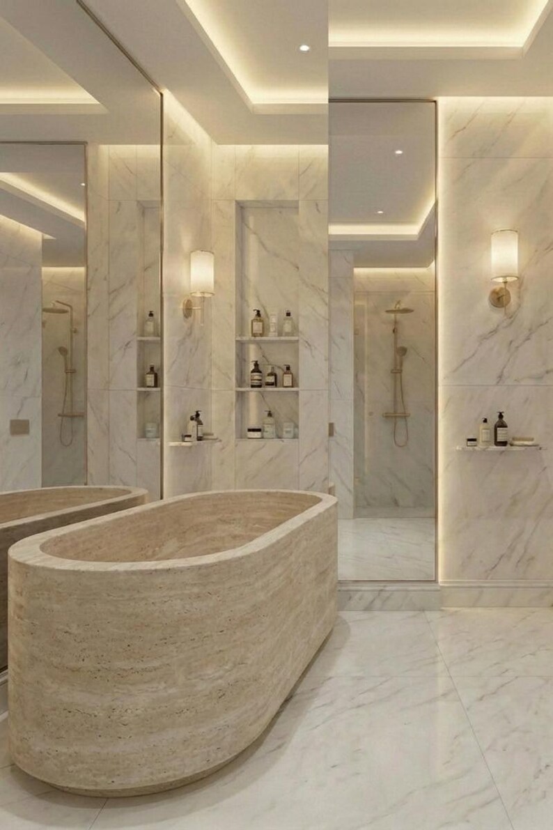 Bañera de travertino beige, bañera de piedra natural maciza, bañera independiente ovalada, pieza central de spa de lujo pulido, bañera de piedra personalizada imagen 4