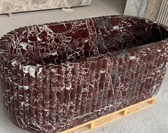 Ribbed Fluted Burgundy Marble Bathtub, Reeded Rossa Levanto Stone Bath,