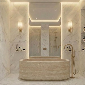 Bañera de travertino beige, bañera de piedra natural maciza, bañera independiente ovalada, pieza central de spa de lujo pulido, bañera de piedra personalizada imagen 2