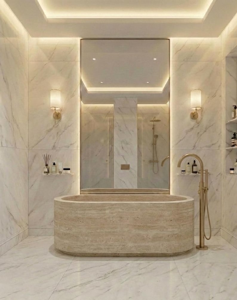 Bañera de travertino beige, bañera de piedra natural maciza, bañera independiente ovalada, pieza central de spa de lujo pulido, bañera de piedra personalizada imagen 2