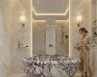 Calacatta Viola Marble Bathtub, Freestanding Rolled Rim Soaking Tub