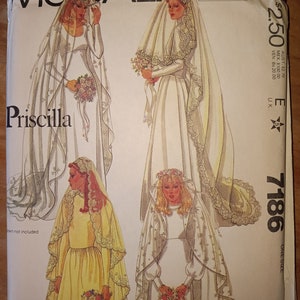 May include: A vintage McCall's sewing pattern titled "Priscilla" featuring illustrations of bridal gowns with veils and bouquets. The pattern includes multiple views of the dresses. The pattern number is 7186.