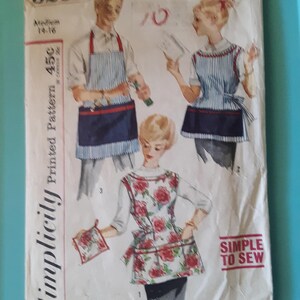 May include: Vintage Simplicity printed sewing pattern, size medium 14-16. The pattern features apron designs with various styles, including striped and floral patterns. The cover has illustrations of the aprons and the text "Simple to Sew".