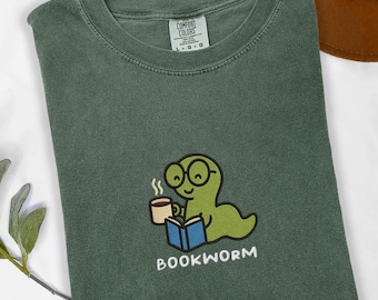 Bookworm Embroidered Comfort Colors Tee: Book Lover Gift