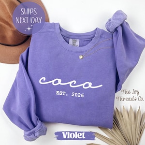 May include: A violet-colored sweatshirt with the word "coco" in white script, and "EST. 2026" below it. A gold necklace with a pendant rests on the shirt. The text "Violet" is at the bottom. The Ivy Threads Co. is printed on the right.