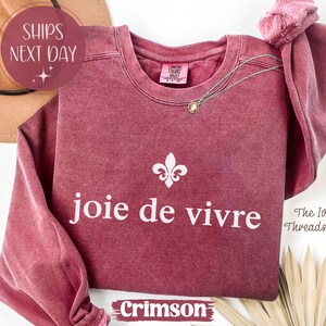 Puede incluir: Sudadera de color carmes&iacute; con la frase "joie de vivre" en escritura blanca. Un collar plateado con un peque&ntilde;o colgante descansa en la parte delantera. La sudadera presenta un s&iacute;mbolo de flor de lis y las palabras "The Ivy Threads Co."