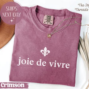 Puede incluir: Camiseta de color carmes&iacute; con la frase "joie de vivre" en blanco, un gr&aacute;fico de flor de lis y una etiqueta Comfort Colors. Un collar de oro con un colgante descansa sobre la camiseta. The Ivy Threads Co. est&aacute; impreso en la parte superior derecha.