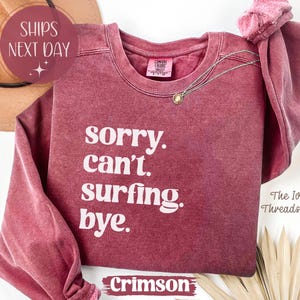 May include: Crimson-colored sweatshirt with the text "sorry. can't. surfing. bye." in white. A gold necklace and a brown hat are also visible. The Ivy Threads Co. is printed on the bottom right.
