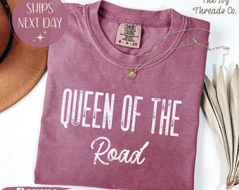 Comfort Colors Queen of the Road-shirt, vintage tinten, zacht gewassen katoen, roadtrip-kleding