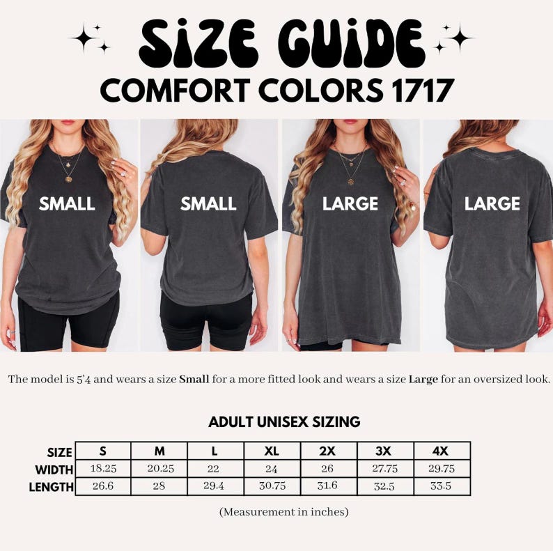 Peut inclure: Un guide des tailles pour les t-shirts Comfort Colors 1717. L'image montre des mod&egrave;les portant des chemises petites et grandes. Le guide comprend des tailles unisexes adultes avec des mesures en pouces pour les tailles S &agrave; 4XL. Le mod&egrave;le mesure 163 cm.
