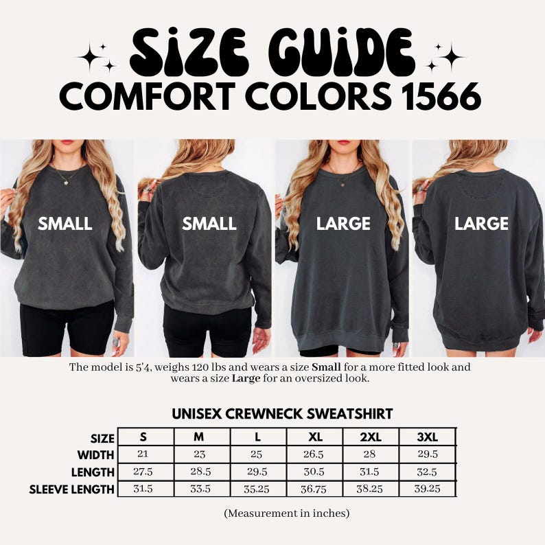 Peut inclure: Guide des tailles pour les sweatshirts unisexes Comfort Colors 1566. L'image montre des mod&egrave;les portant des tailles Small et Large. Les mesures sont fournies en pouces pour la largeur, la longueur et la longueur des manches, de S &agrave; 3XL.