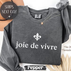 Puede incluir: Una sudadera gris oscuro con la frase "joie de vivre" en blanco y un s&iacute;mbolo de flor de lis. La sudadera tiene mangas largas y cuello redondo. Un collar dorado est&aacute; drapeado sobre la sudadera.