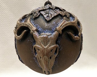 Original Handmade Gothic Christmas Ornament Featuring Elk Skull, Frosty Fall Leaves 3.5" Hanging Ball, Memento Mori Art, Dark Academia Décor