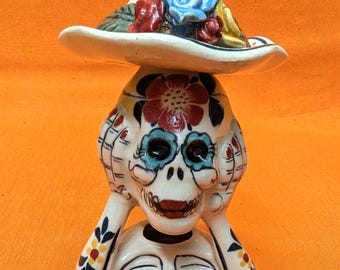 Day Of The Dead Miniature Decanter, Woman Rising From The Grave, Sugar Skull, Hand Painted, Ceramic Clay, Rancho de Oro, Tequila 50ml Bottle