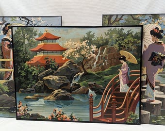 Vintage Set of 3 Japanese Women In Kimonos Paint By Number Paintings, Retro Wall Décor, PBN Serene Oriental Asian Collage, Finished & Framed