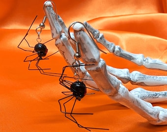 Frighteningly Realistic Black Widow Dangle Pierced Earrings, Halloween Jewelry, Handmade and Unique, 1 1/2" Long, Drop Style
