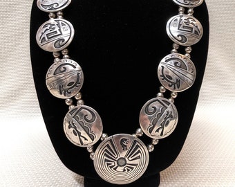 Native American Hand Carved Navajo Sterling Silver Man In The Maze Squash Blossom Necklace, 30 Inches, Arlo Kanteena, 9 Detailed Disks, Hopi