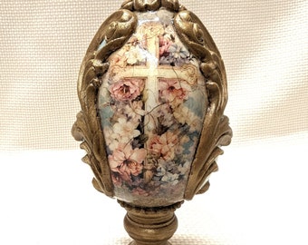 Baroque Handmade Large 6.5" Decorative Freestanding Easter Egg, Pedestal Base, Lamb On One Side, Floral Cross On Other Side, Gilded Framing