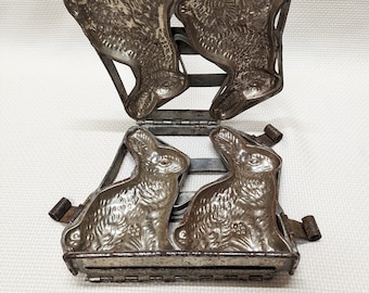 Antique Chocolate Rabbit Mold, Hinged Double Form, Makes Two 6" Tall Seated Bunny Figures, Easter Décor, Five Snap Locks, Heavy Weight Mold