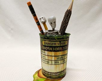 LAB TEST VIRUS Drum, Toxic Corroded, Leaking Rusted, Poisonous, Halloween Prop, Creepy Décor, 4.5" Can, Pen Pencil Holder, Office or Home