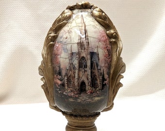 Baroque Handmade Large 6.5" Decorative Freestanding Easter Egg, Pedestal Base, Church On One Side, Rabbit On Other Side, Gilded Framing