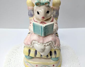 1992 Vintage Fitz & Floyd Girl Bunny Ceramic Figurine, Nursery Décor, Pink Ruffled Dress, Easter Décor, Bunny Tales