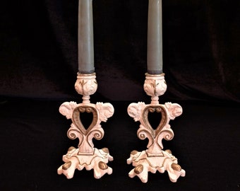 Matched Pair Shabby Chic Candlesticks, Light Metal, Ivory Enamel, Gold Accenting, Bohemian French Candlestick Holders, Chippy Paint, Sweet