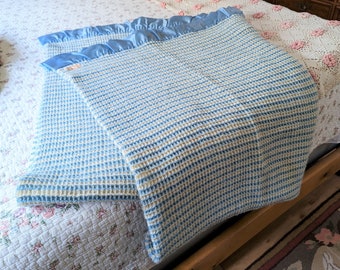Pendleton Wool Blanket, Twin, Blue & White, Stripe Pattern, Waffle Weave, Blue Satin Borders, Vintage 1950s, Boys Room, Oregon, Collectible