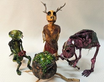3 Forest Demons, The Spell Makers, Handmade Halloween Décor, Three Art Figurines, Bubbling Cauldron, Creepy Decorations, All Original Art