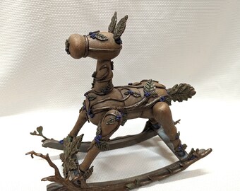 Altered Art Wood Rocking Horse, Woodland Pony, Mixed Media Thrift Store Remake, A Ride In The Woods, Made of Wood Branches Leaves Berries