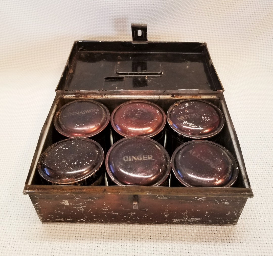 Victorian Travel Tin Spice Box Set With Six Spice Tins Inside, Japanned