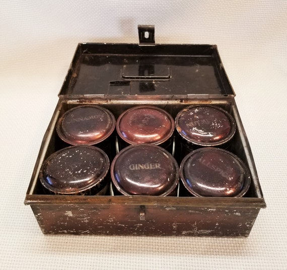 Victorian Travel Tin Spice Box Set With Six Spice Tins Inside