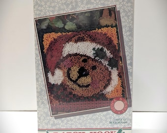 Jingle Bear, Vintage WonderArt Latch Hook Rug/Pillow Kit #4675, Sealed Box, Quick & Easy Kit, Christmas DIY Décor, Cute Teddy Bear