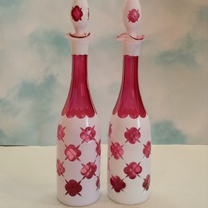 Pair Czech White Overlay Cut to Cranberry Glass Decanters, Faceted Star Pattern, Fairytale Lady Pink, Bohemian Glass, Shabby Chic Decanters