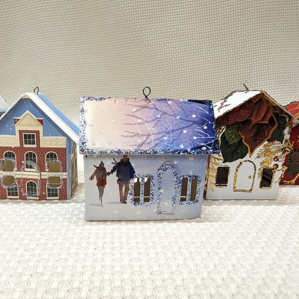 Christmas Putz House Tree Ornaments from Upcycled Xmas Cards, (A7), Glittery, Ready to Hang, 5 Miniature House Ornaments, Windows and Doors