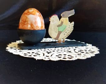 Decorative Egg Cup, Primitive Easter Decor, Hand Painted Egg, Bunny and Chick, Iron Egg Cup, Easter Egg, Easter Gift, Easter Table Decor