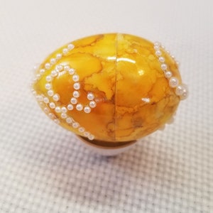 Jeweled Yellow with White Pearls Easter Egg, Gift Box, Persian Wedding Egg with Jewels, Collectible, Special Gift Box, Handmade, Hand Inked