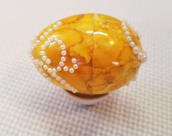 Jeweled Yellow with White Pearls Easter Egg, Gift Box, Persian Wedding Egg with Jewels, Collectible, Special Gift Box, Handmade, Hand Inked