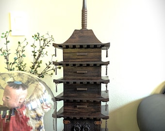 5 Story Vintage 1960s Japanese Wood Pagoda Jewelry Box, 5 Drawers, Hanging Metal Accents, 25 Inches Tall, Excellent Condition, Castle Doors
