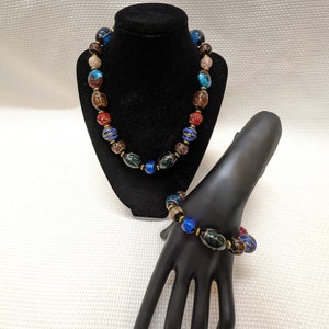 Venetian Lampwork Glass Beads Necklace and Bracelet Set, Jewel Tones, 18 Inch Necklace, Stretch Band Bracelet, Vintage Jewelry, Murano Glass