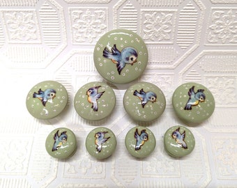 May include: Set of eight green ceramic knobs with bluebird illustrations. The knobs have a white background with small white dots. The birds are in various flying positions.